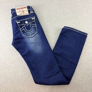 True Religion Women Ricky Straight Jeans 31 Blue Stretch Flap Pocket Made USA